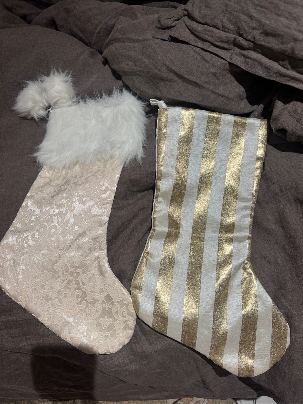 Gold Stripe & Ivory Lace Holiday Stockings - Set of 2